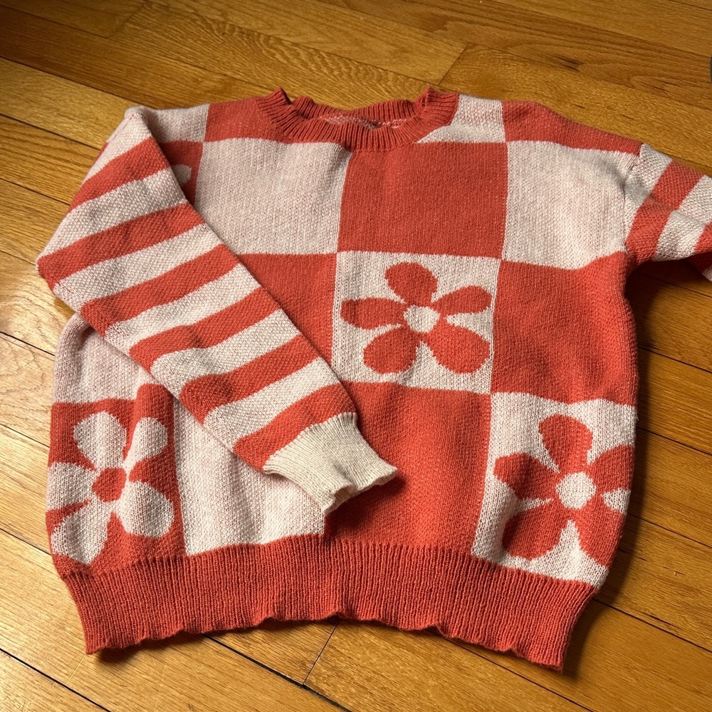 Coral and Cream Floral Check Knit Sweater - Women's